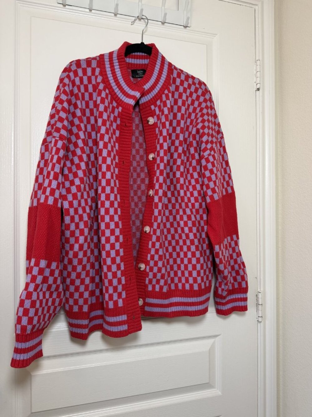 Dressed in Lala Oversized Checkerboard Cardigan Red Lavender Button Up L/XL